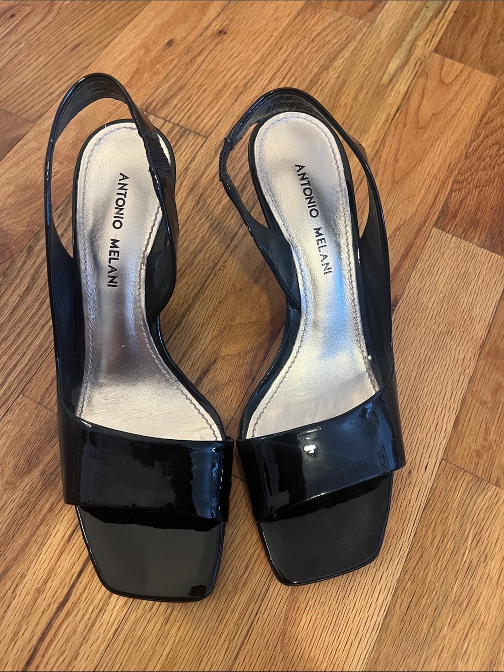 ANTONIO MELANI Black Patent Square-Toe Slingback Heels